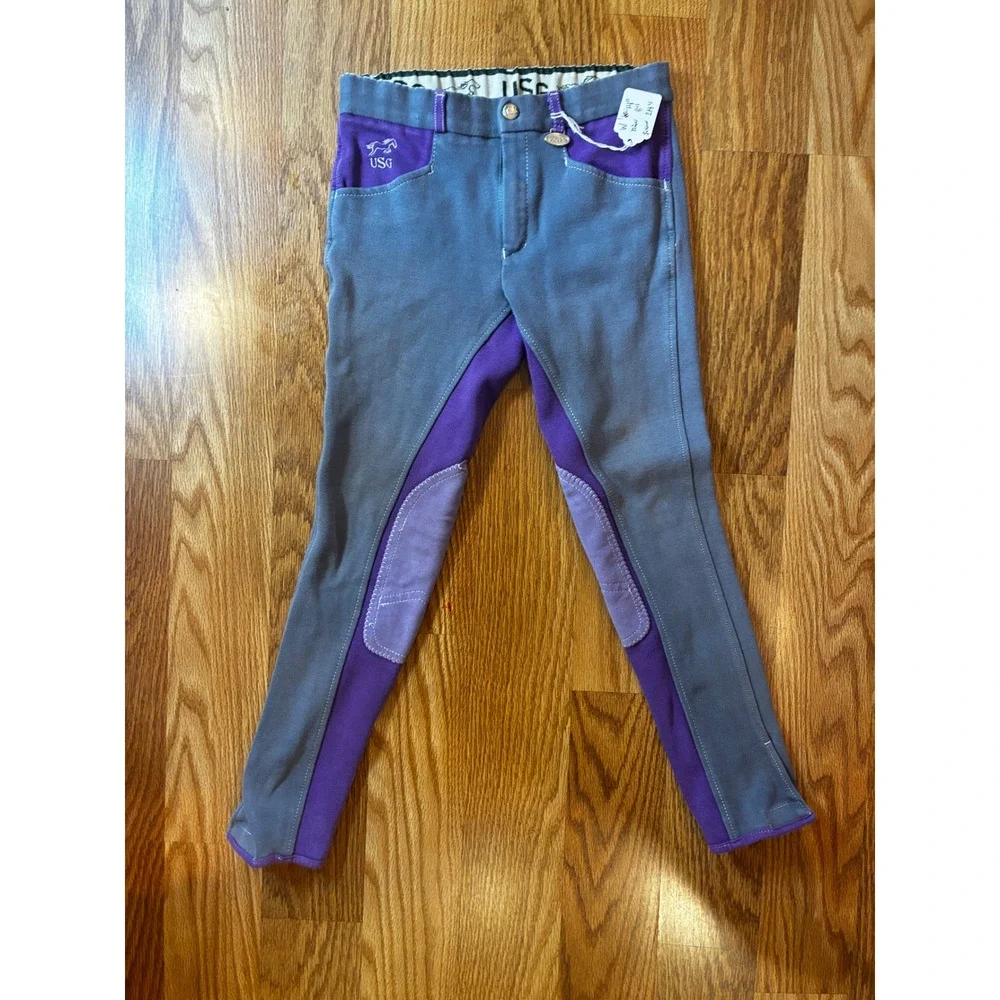 USG Equestrian Riding Breeches Horseback Performance Gear Kids 12 Grey Purple